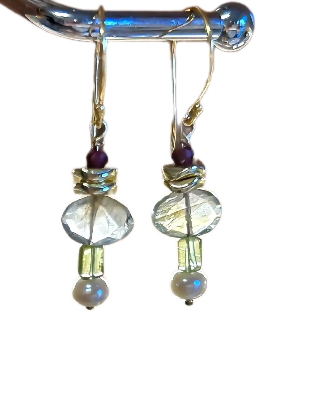 Handcrafted 24K Gold Genuine Pearl Peridot Labradorite Earrings OS
